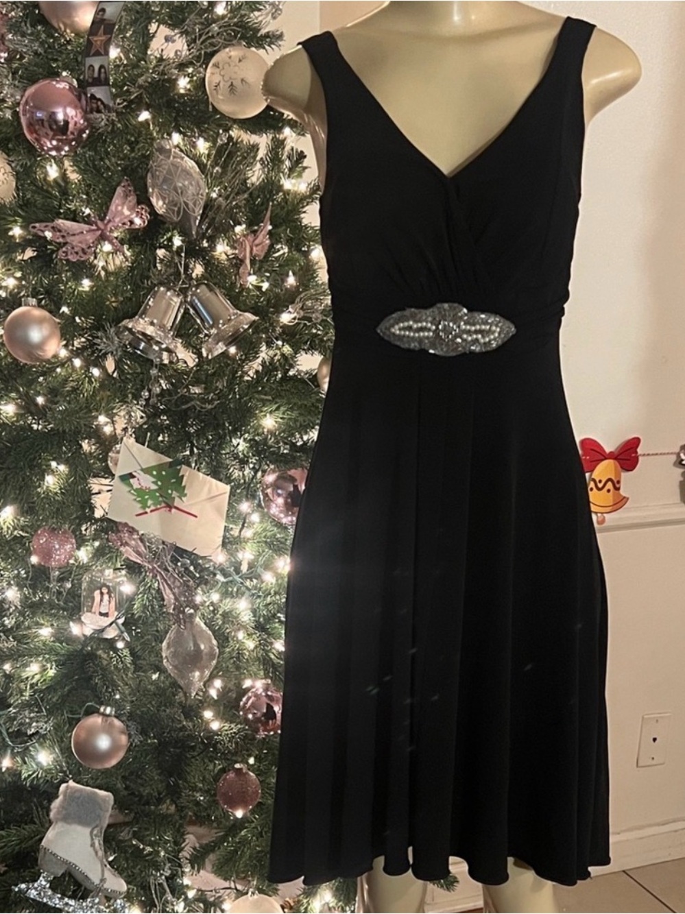 Enfocus Studio Black V-Neck Midi Dress with Beaded Waist Embellishment
